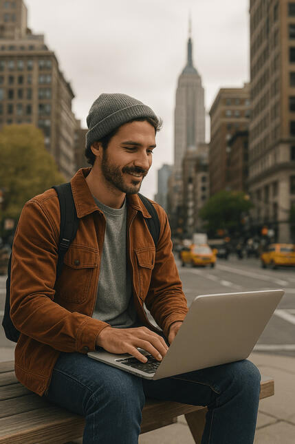 Digital Nomad in New York Booking stay A digital nomad sitting on a bench in new york with his laptop booking a hotel stay. In the background there are cars and skyline