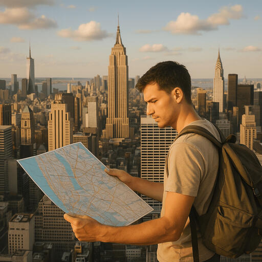 Solo Traveler Planning Manhattan Budget Stay NYC Map Young male solo traveler with backpack studying a map of Manhattan with the Empire State Building and NYC skyline in the background.